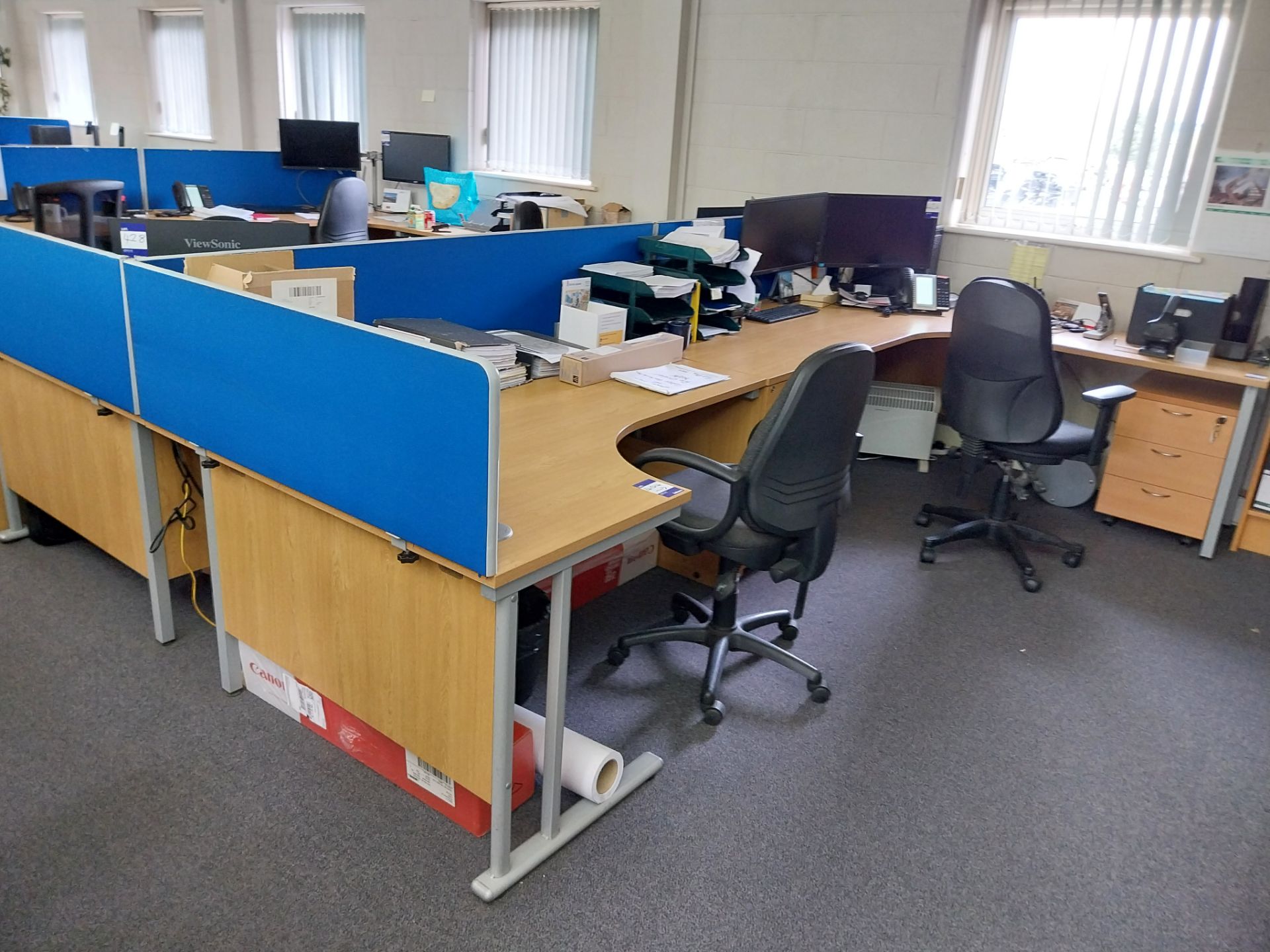 4 x oak effect cantilever desks with 4 x pedestals, 4 x privacy screens, 4 chairs