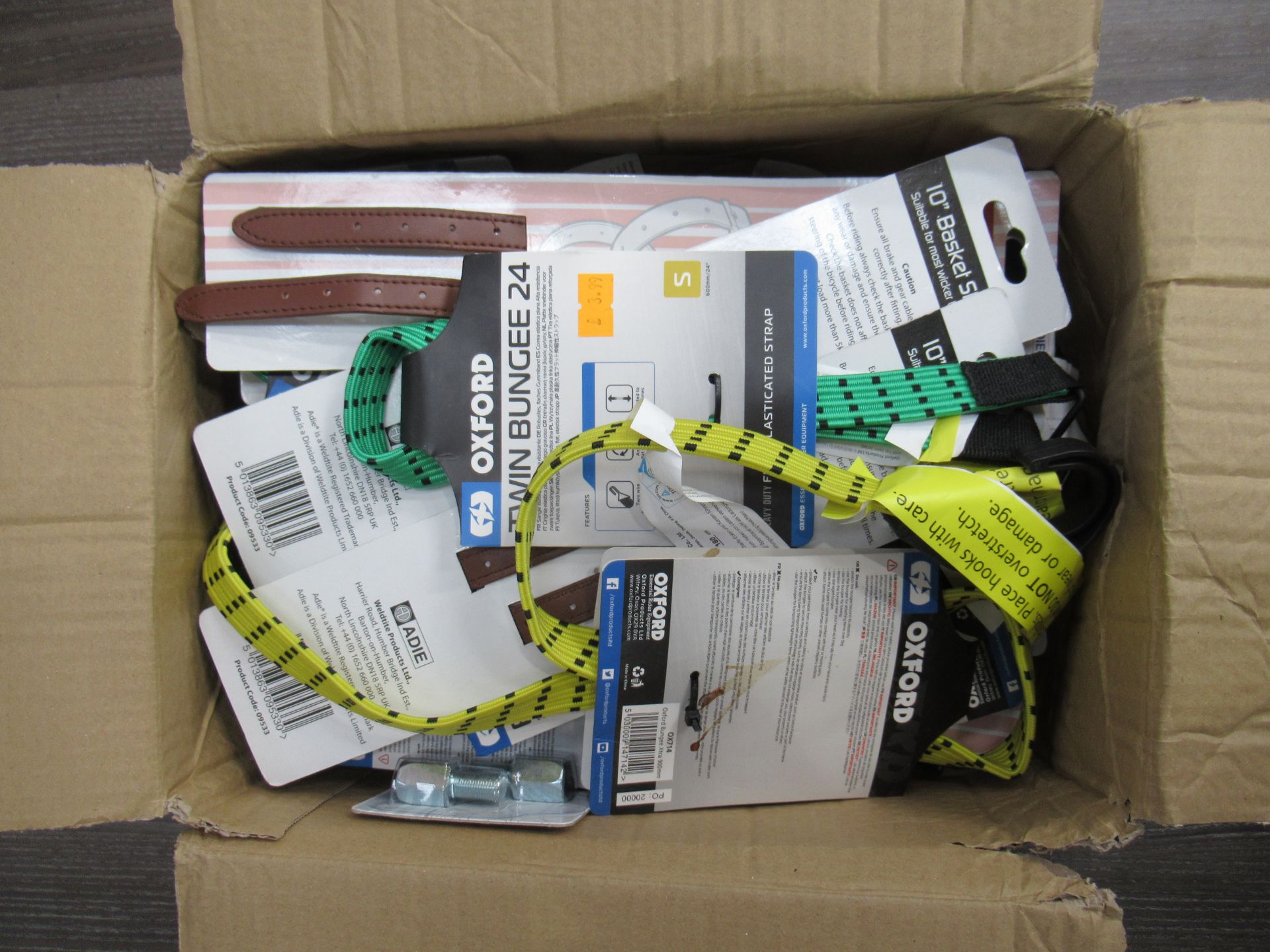 Contents of box to include Adie 10'' basket straps, Oxford Twin Wire Bungee's, Adie 3/8' stabiliser - Image 2 of 5