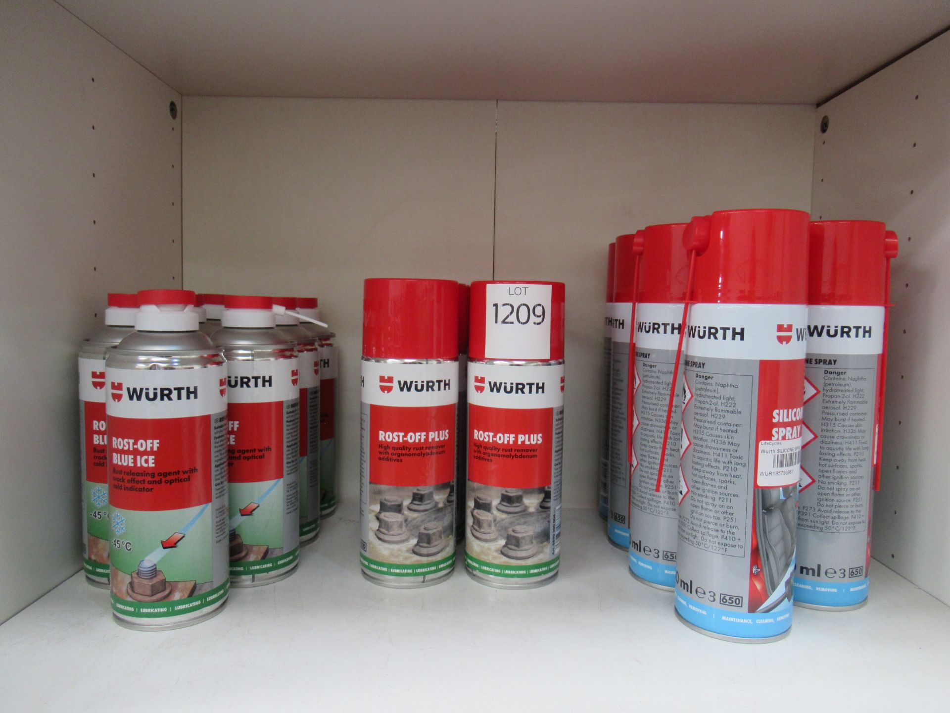 Shelf of Würth products to include 7 x Rost-Off Blue Ice 400ml (RRP£13.99 each); 6 x Rost-Off Plus 4