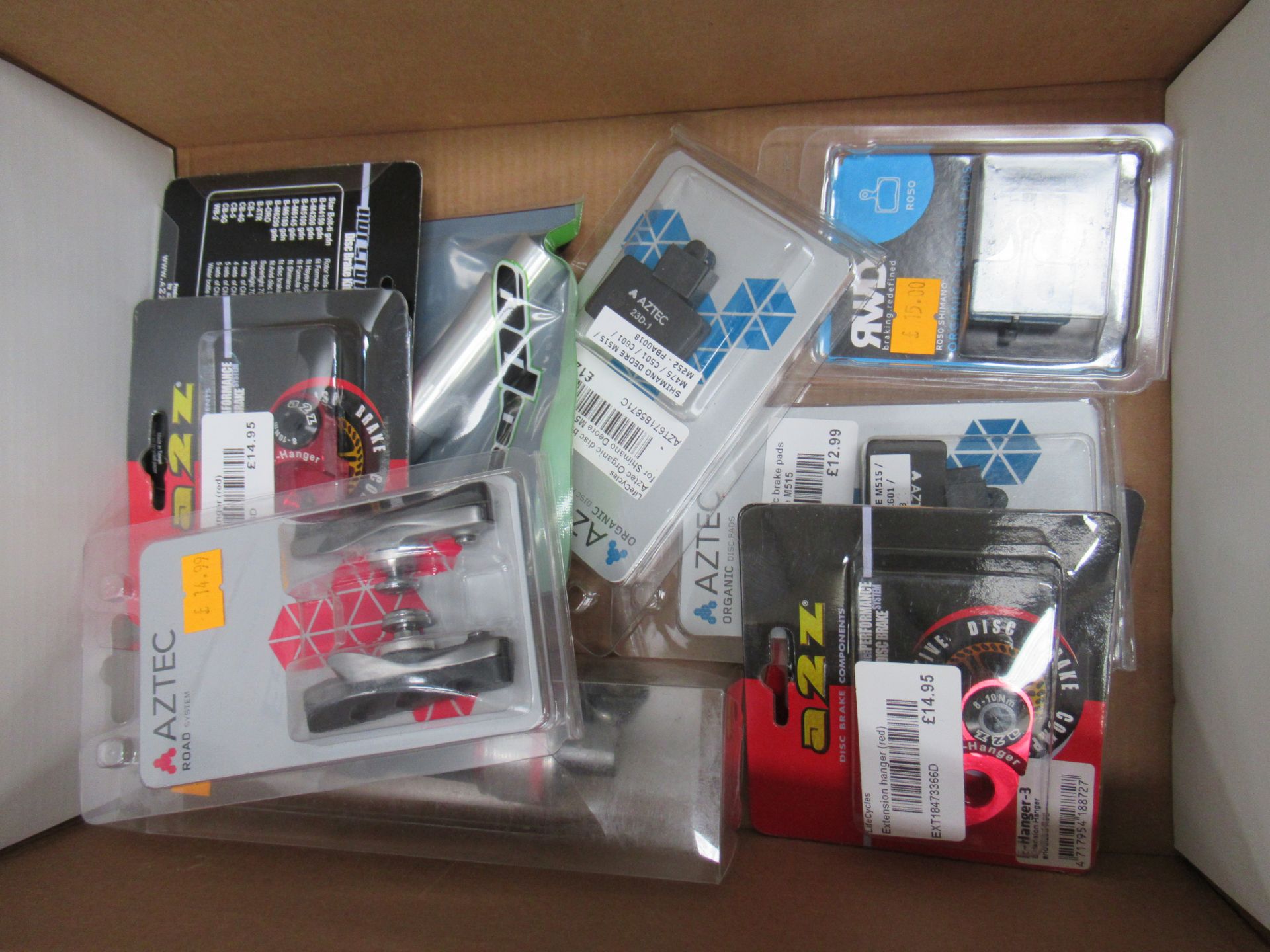 Box of cycling parts to include ONE23 skewers; Aztec brakes; A2Z extension hangers; RWD brakes etc. - Image 2 of 3