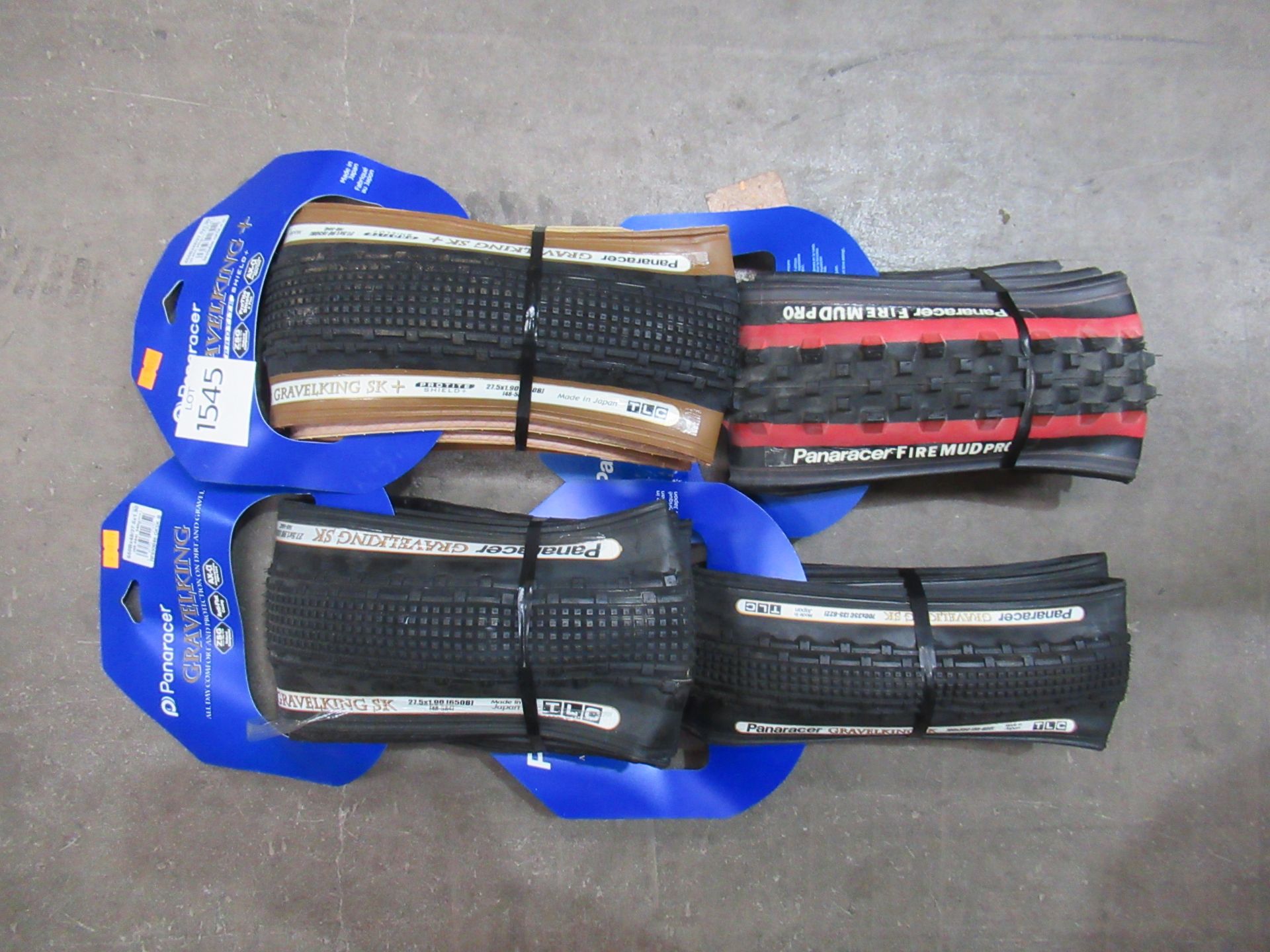 Shelf of Panaracer tyres including: 700x35 (RRP£49.99); 2 x 27.5x1.90 (RRP£49.99 each) and 1 x 26x1.