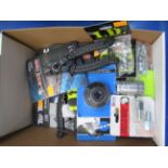Box of assorted cycling tools and parts