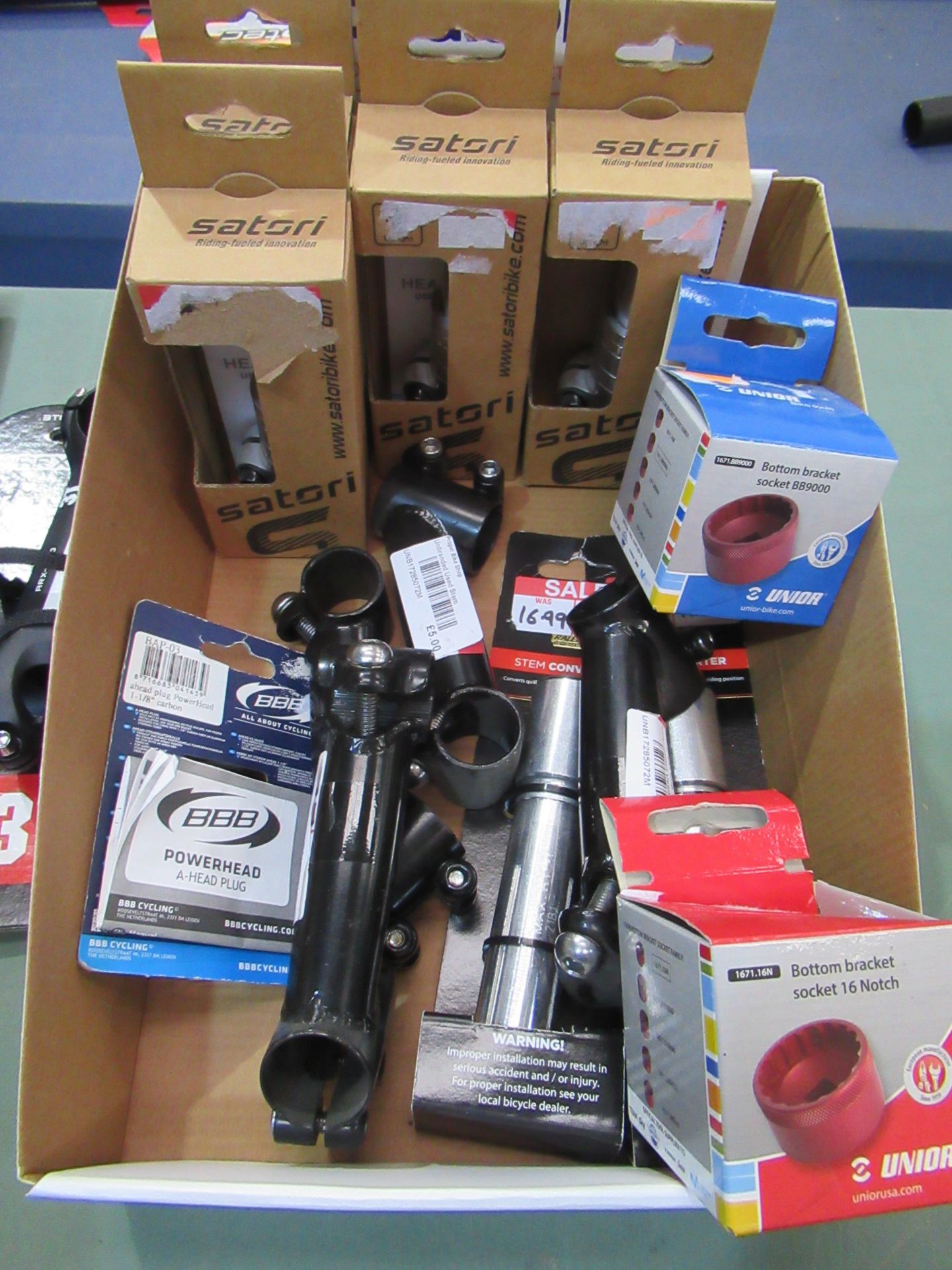 Box of cycling parts to include handlebar stems; stem adapter; bottom bracket sockets; stem raisers - Image 2 of 3