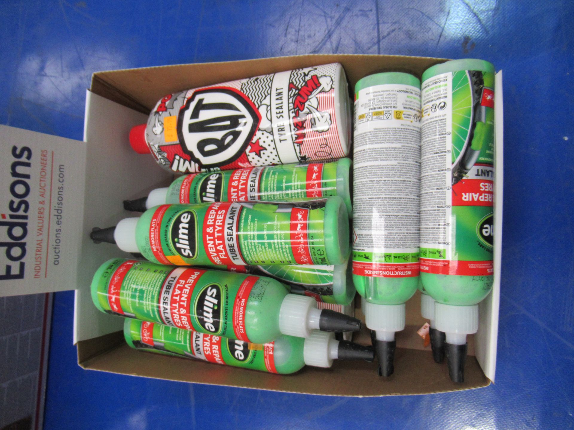 Box of RAT and Slime tube sealant: 9 x Slime 237ml (RRP£10.99 each) and 3 x RAT 400ml (RRP£17.99)