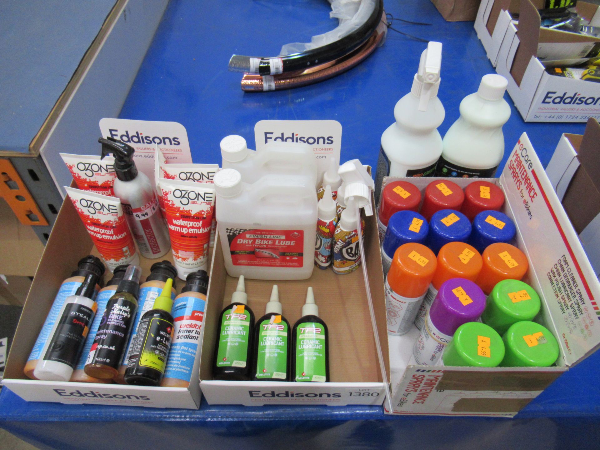 Assorted bicycle maintenance equipment including TF2 ceramic lubricant; Finish Line dry bike lube; o