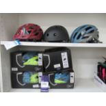 7 x cycling helmets - 3 x unboxed and 4 x Safety Labs VOX helmets: 3 x Blue/Neon Yellow (2 x medium;