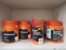 Shelf of NamedSport supplements including Maltonam (3 x 500g), Isonam (3 x 400g) and Race Fuel Cyclo