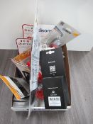 Box of cycling accessories to include cycling lights; bottle cages; road cleatsfork mudguards etc.
