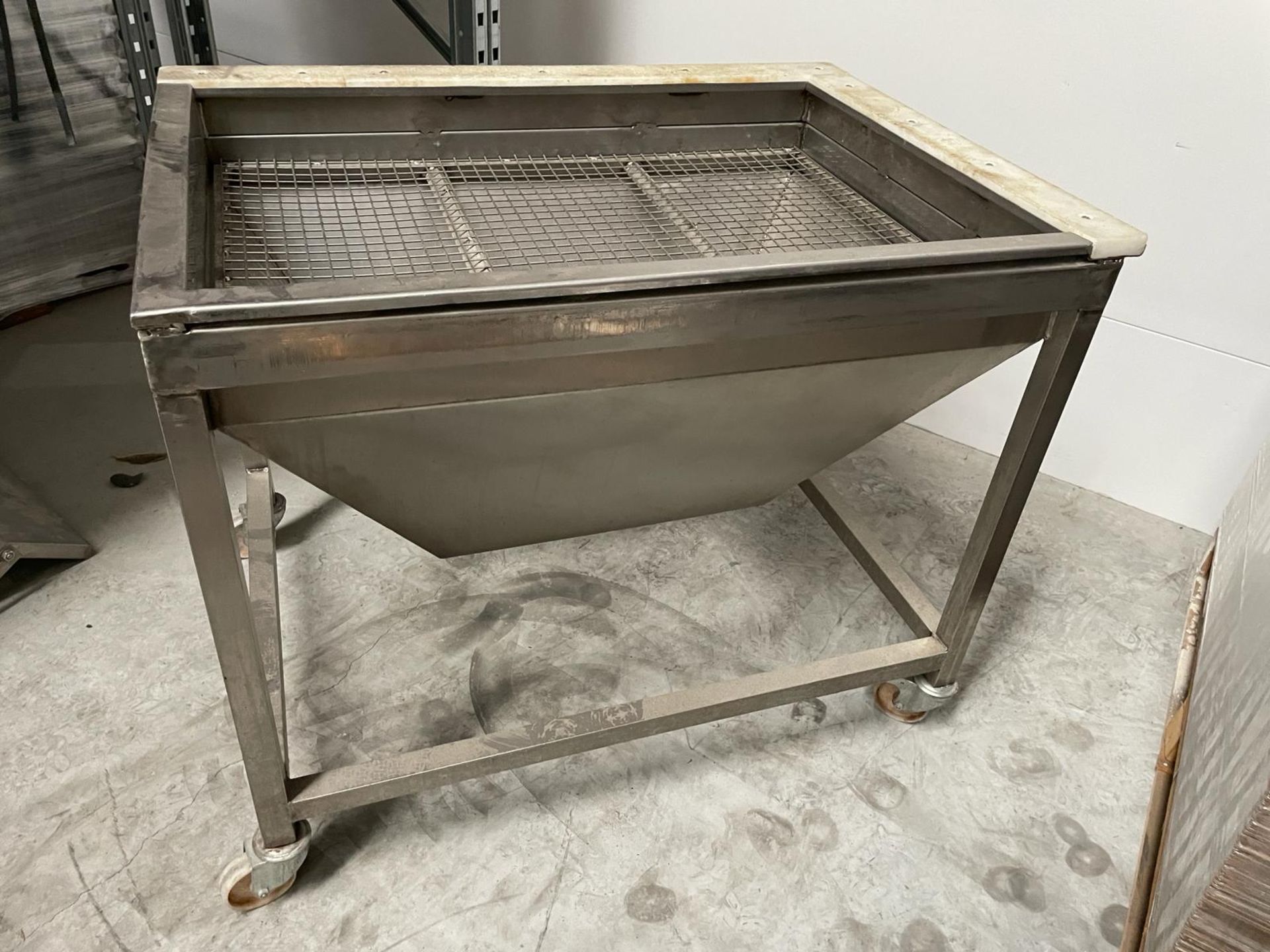 Stainless Steel tapered chute with grid top, potential wash down unit. 1100 x 850 mm. Please note - Image 2 of 2