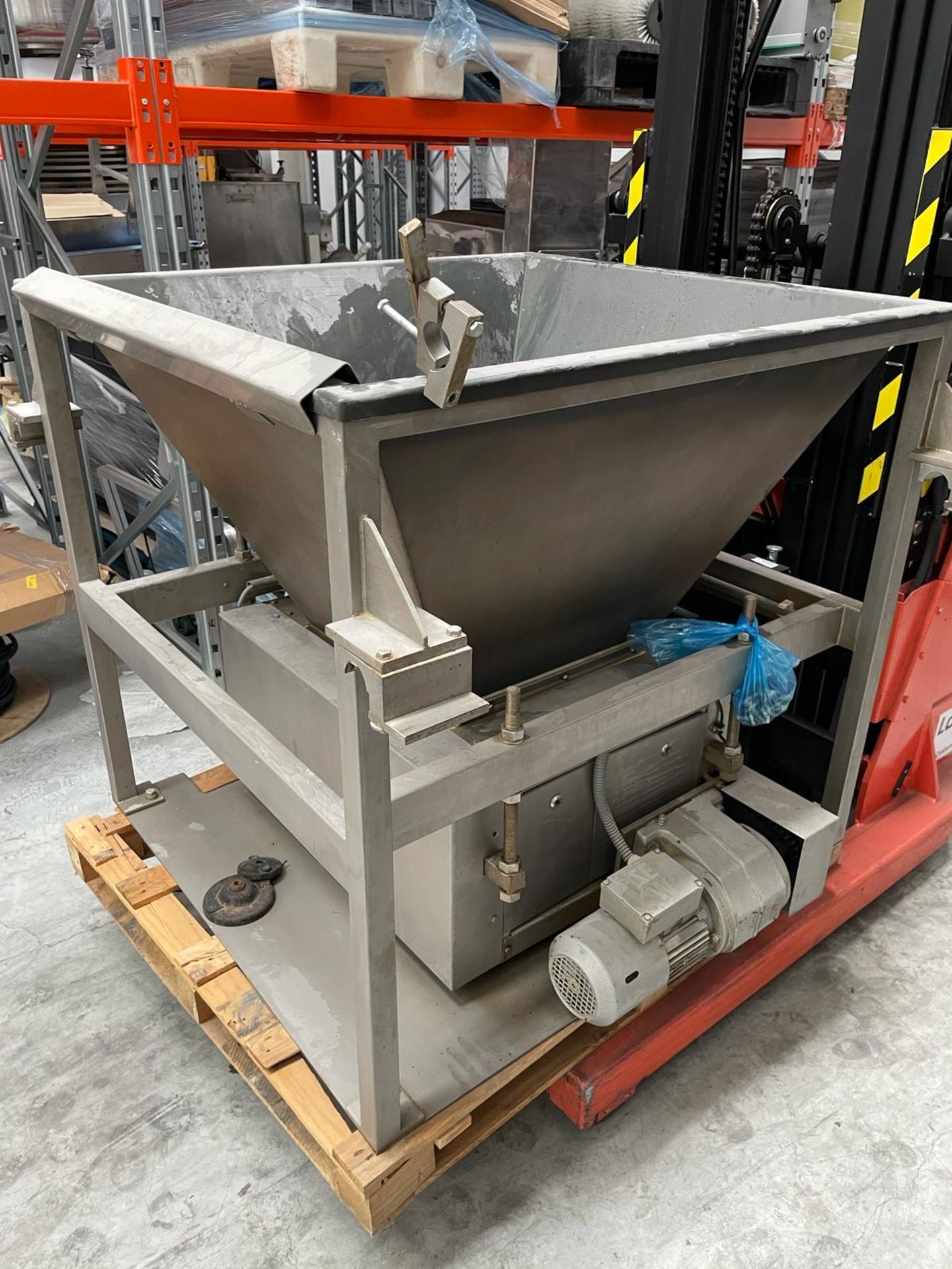 Stainless Steel Dough hopper on frame. SEW Drive. 1000 x 1000 x 900 mm deep. Please note this lot is