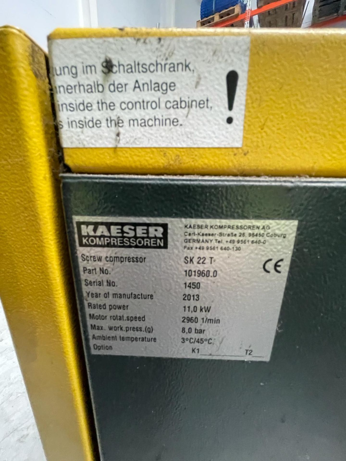 2013 Kaeser HPC SK 22 T 8 Bar Air compressor. Approx. 1200 x 700 x 1300 mm. Please note this lot - Bild 15 aus 16