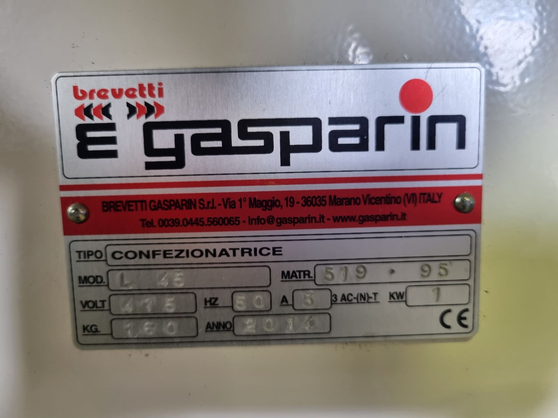 2014 Gasparini L45 L-Bar Sealer. 1600 x 008 x 1200 mm C/W Box of film. Please note this lot is - Bild 3 aus 4