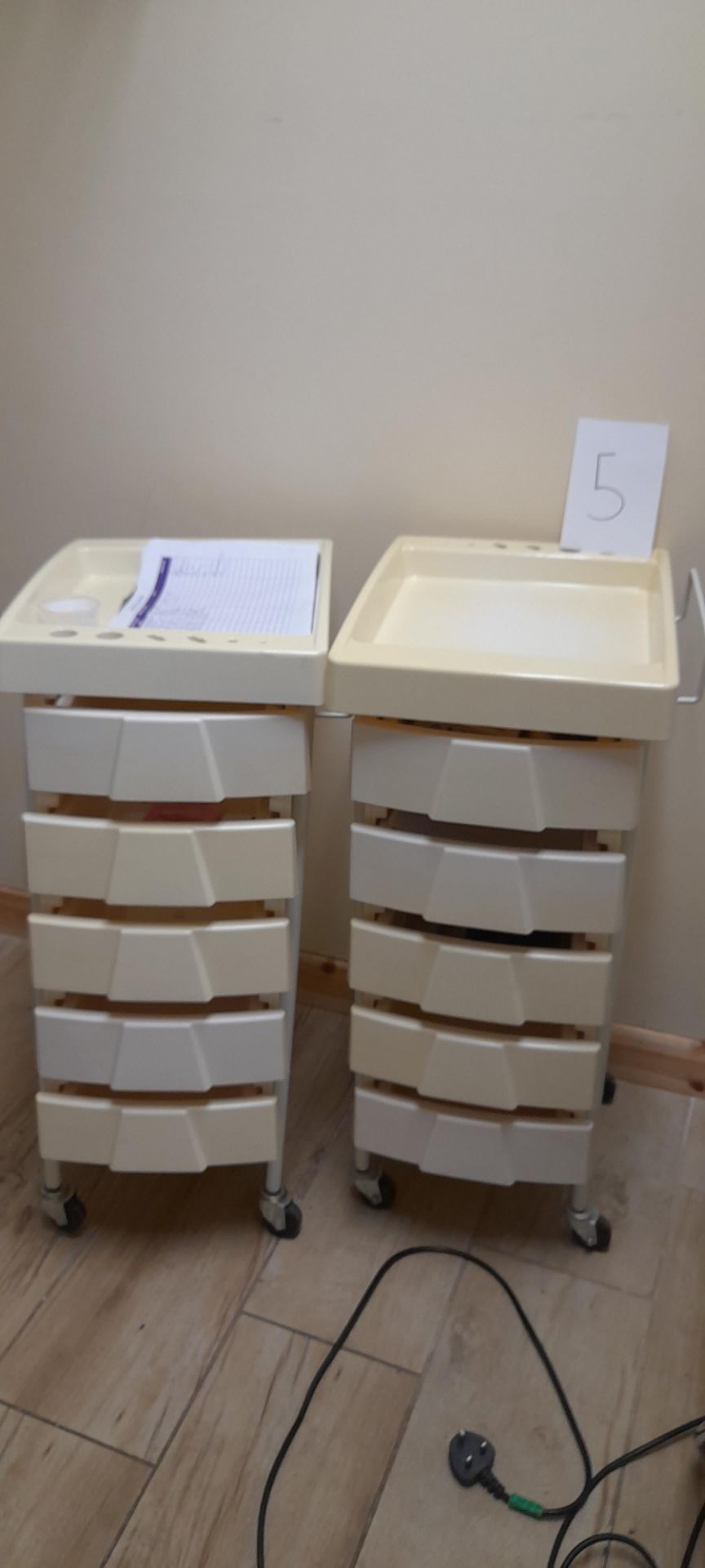 2 x Plastic mobile 5 drawer trolleys