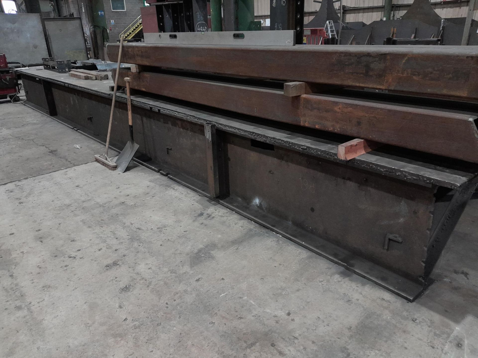 Very large fabricated work bench, approx 7m. Contents not included. - Image 2 of 3