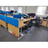 4 x oak effect cantilever desks with 4 x pedestals, 4 x privacy screens, 4 chairs
