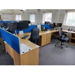 4 x oak effect cantilever desks with 4 x pedestals, 4 x privacy screens, 3 chairs