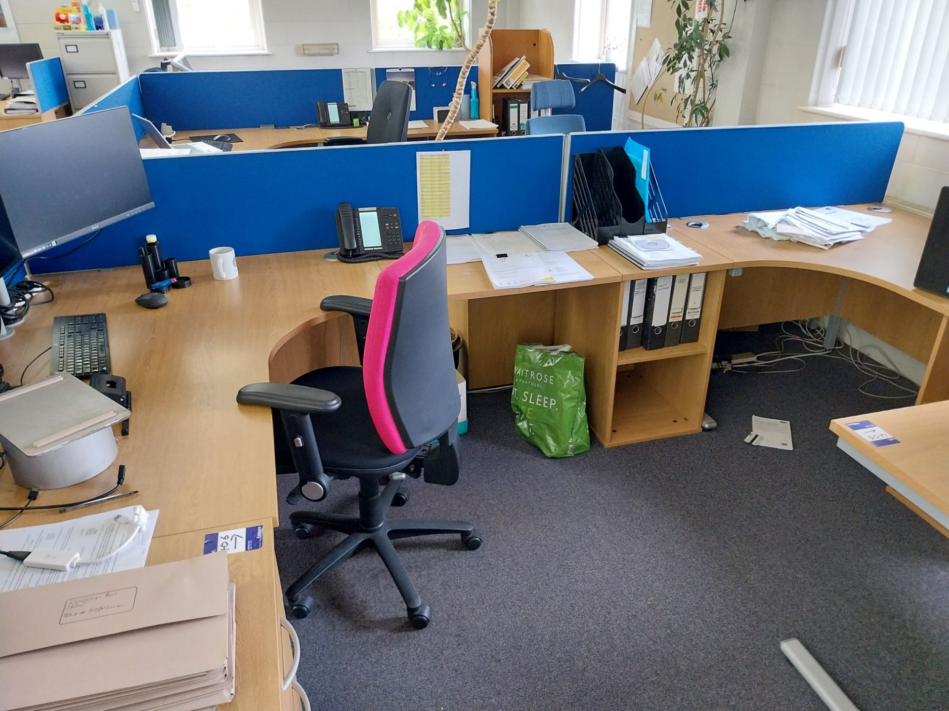 4 x oak effect cantilever desks with 4 x pedestals, 4 x privacy screens, 4 chairs