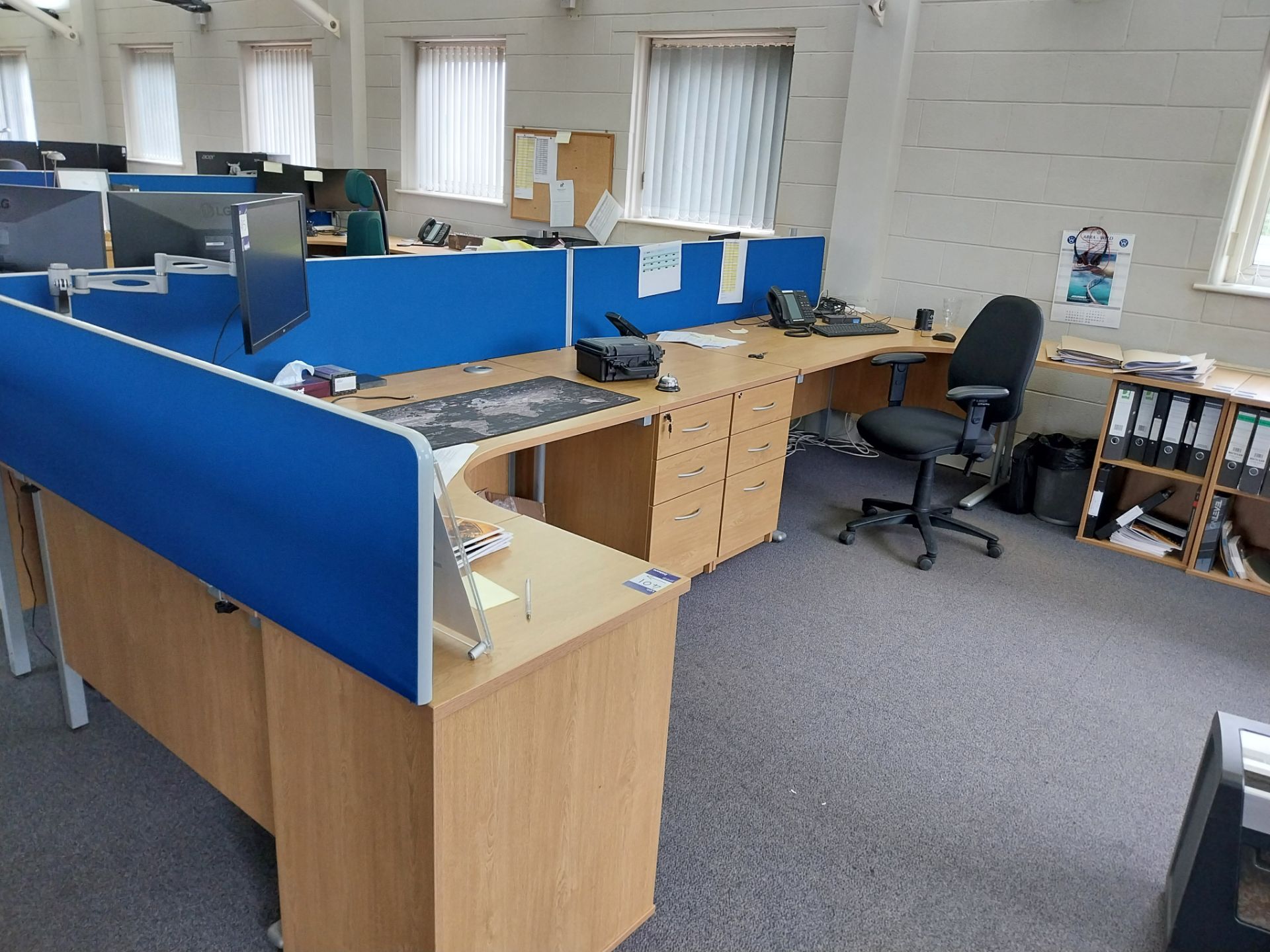 4 x oak effect cantilever desks with 4 x pedestals, 4 x privacy screens, 3 chairs