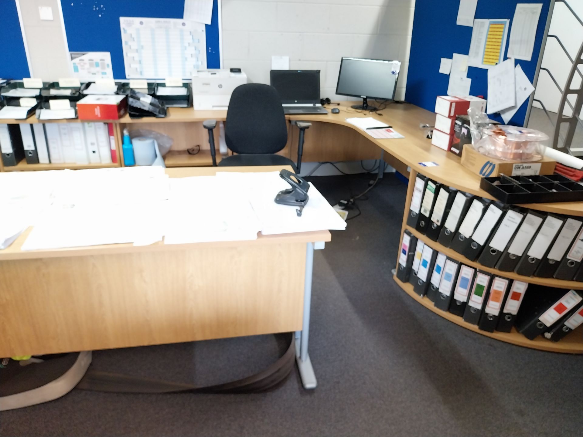 3 x Cantilever oak effect desks with 4 x pedestals, 1 x bookshelf, 2 x low file store, semi circular - Image 2 of 4