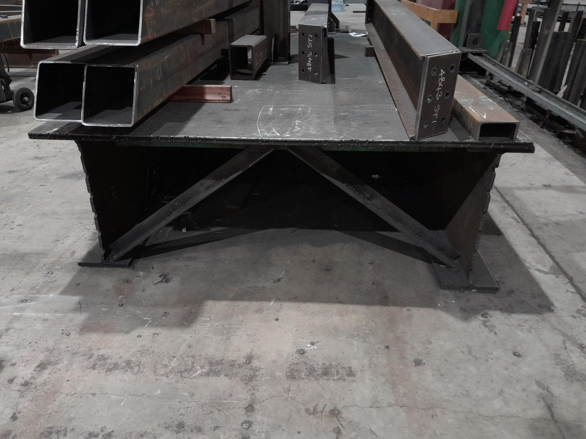 Very large fabricated work bench, approx 7m. Contents not included. - Image 3 of 3