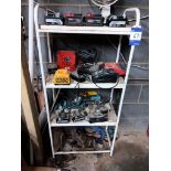 Shelf Unit & Contents Including Assorted Batteries & Chargers, Clamps etc