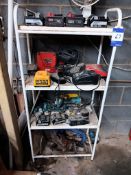Shelf Unit & Contents Including Assorted Batteries & Chargers, Clamps etc