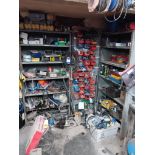 2 x Bays of Shelving, Plastic Bin Rack & Contents Including Grinding & Cutting Disks, Bulbs, Blades,