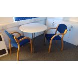 Circular white melamine table with 2 fabric upholstered chairs – Located Twyford, OX17