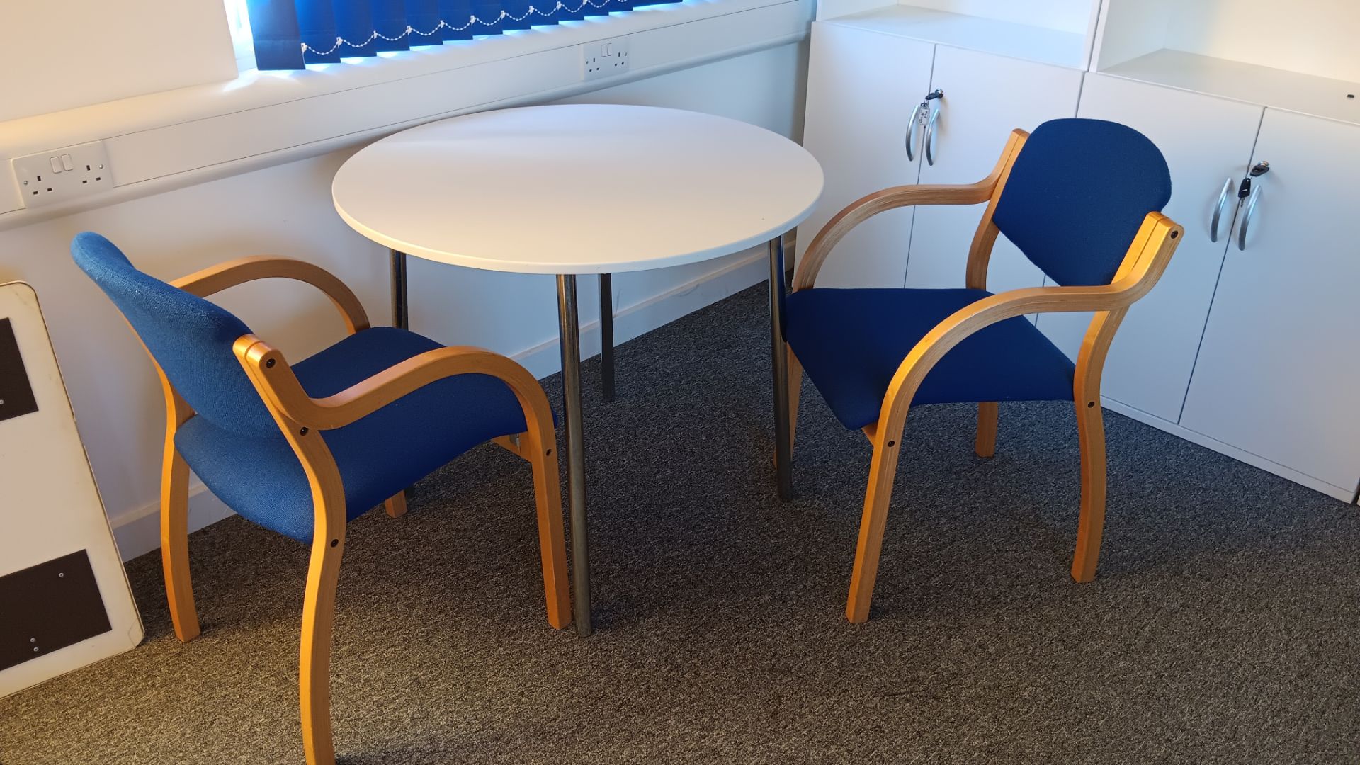 Circular white melamine table with 2 fabric upholstered chairs – Located Twyford, OX17