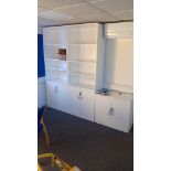 3 x white melamine twin door cupboard with shelving over and 2 x white melamine twin door low