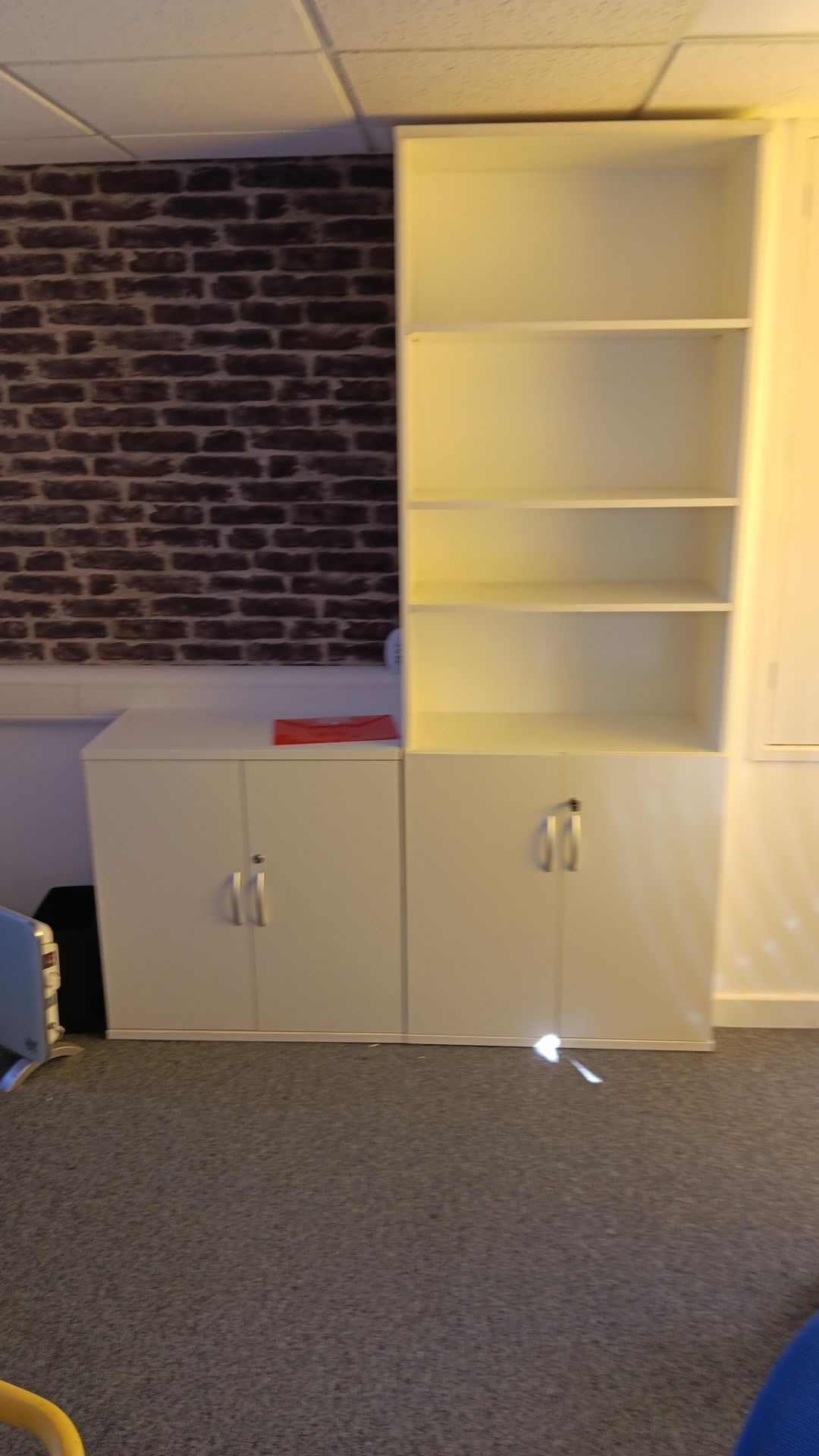 3 x white melamine twin door cupboard with shelving over and 2 x white melamine twin door low - Image 6 of 8