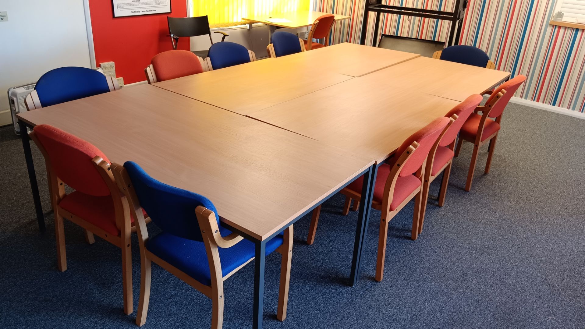 5 x beech laminated tables and 11 x fabric upholstered wooden framed chairs – Located Twyford, OX17 - Image 2 of 3