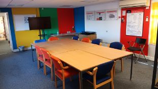 5 x beech laminated tables and 11 x fabric upholstered wooden framed chairs – Located Twyford, OX17