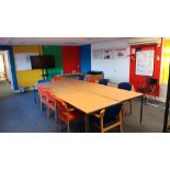 5 x beech laminated tables and 11 x fabric upholstered wooden framed chairs – Located Twyford, OX17