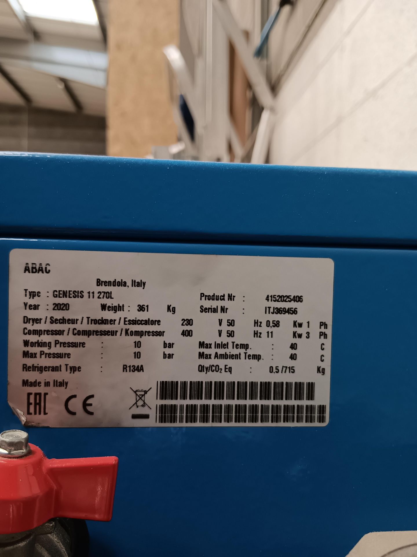 Abac Genesis II 270L compressor on horizontal receiver Serial number ITJ369456 2020 - Bild 2 aus 3