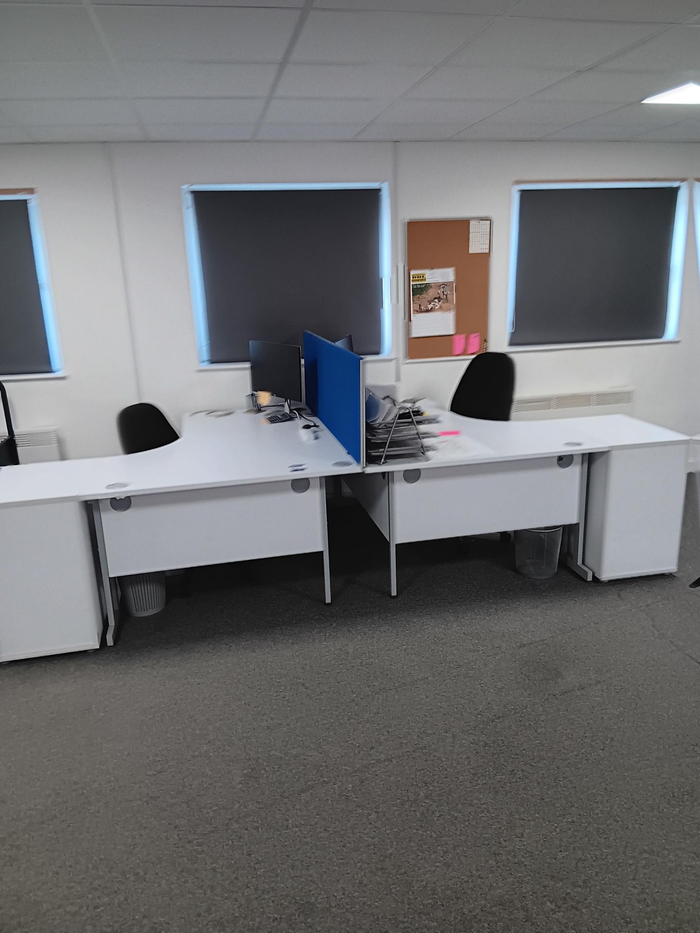 2 Radial workstations, 2 pedestals, divider & 2 swivel chairs (computers not include)