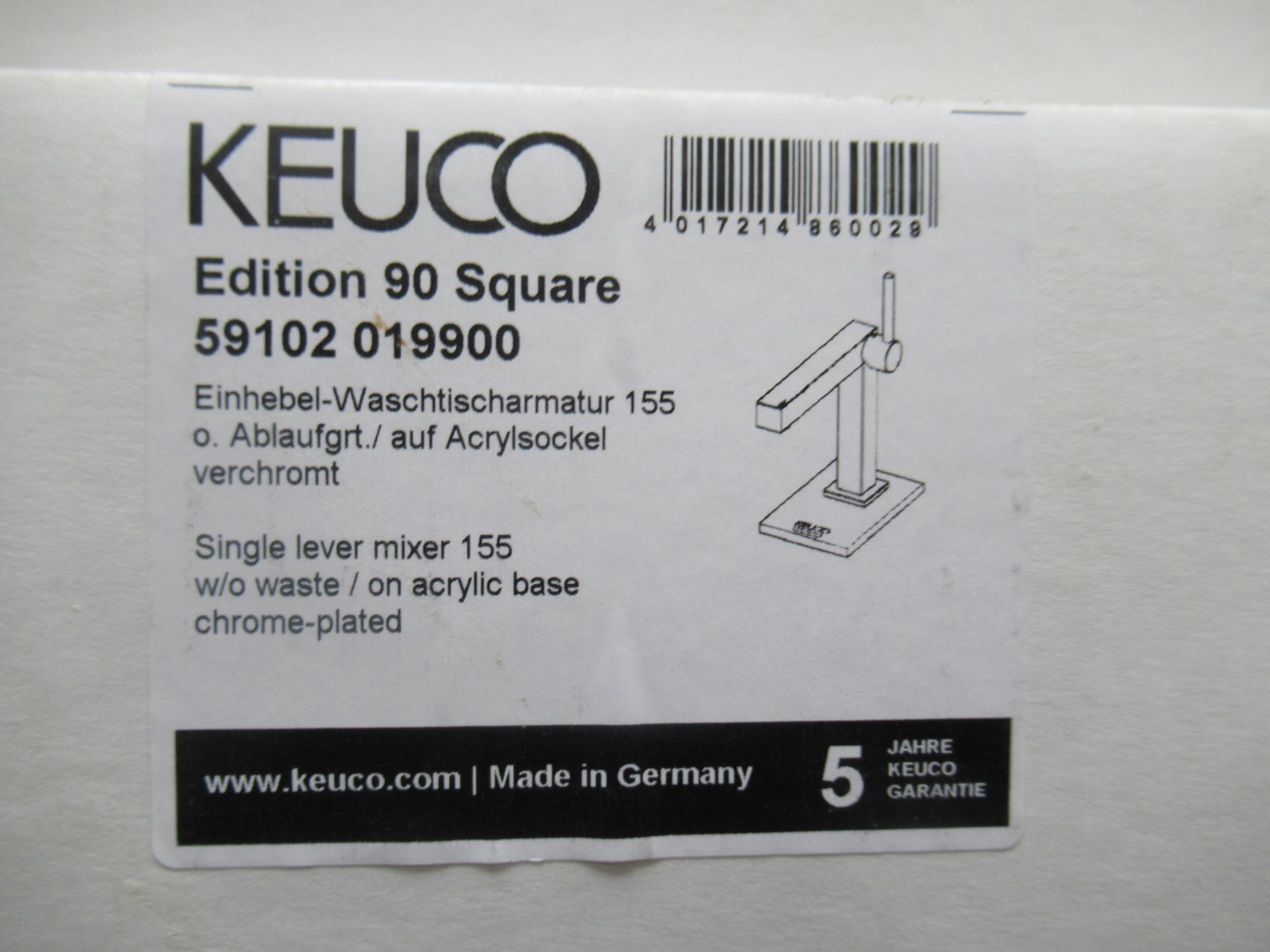 2 x Keuco Edition 90 Square- Single Lever Mixer 155-Tap, Chrome Plated, P/N 59102-019900 - Image 2 of 3