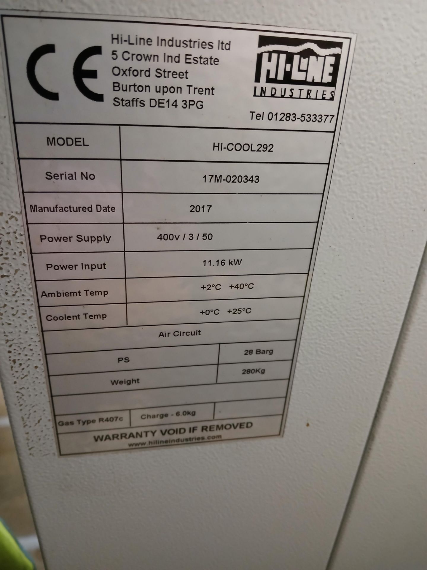 HiLine Hi Cool 292 chiller unit Serial number 17M-020343 (2017) gas type R407C – Please note that - Image 2 of 3