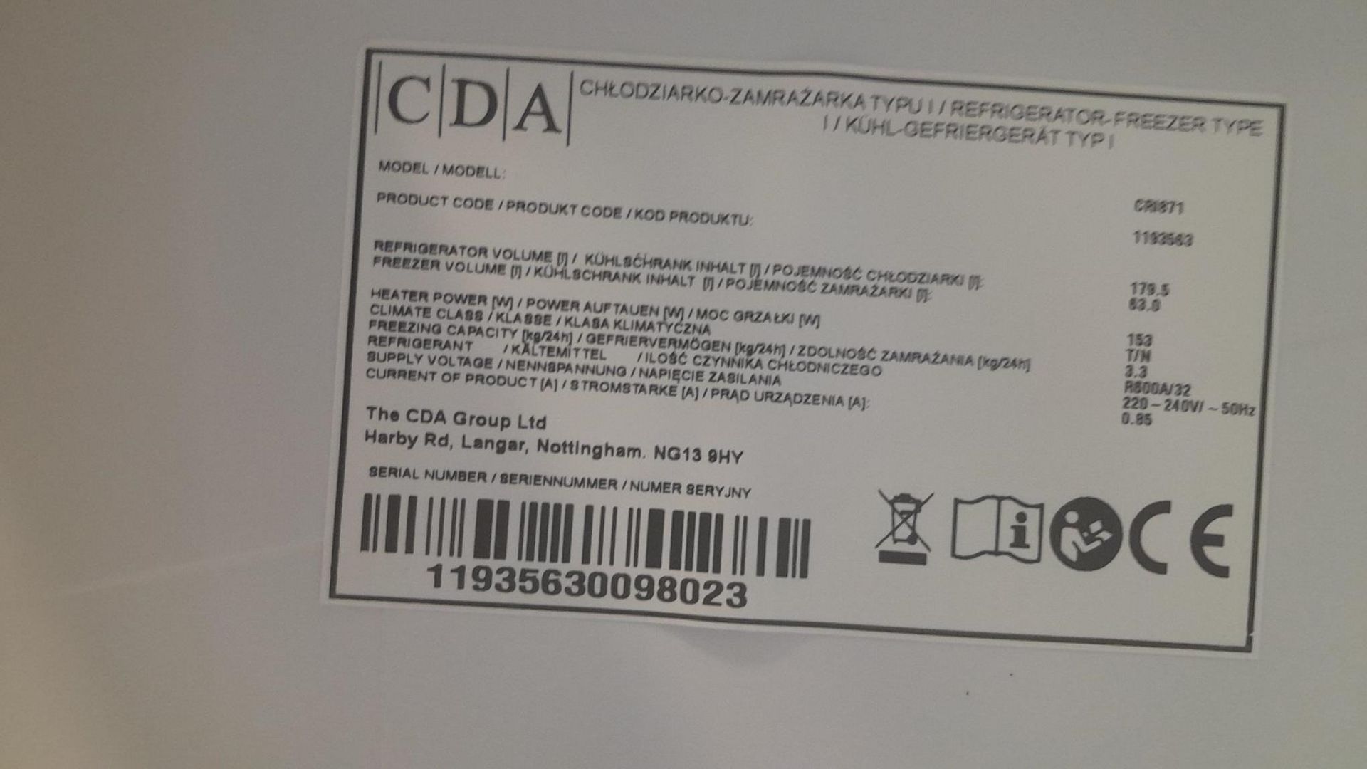 Porto Blackberry ex display kitchen to include CDA CDI6121 integrated dishwasher, CDA CRI871 uprigh - Image 11 of 11