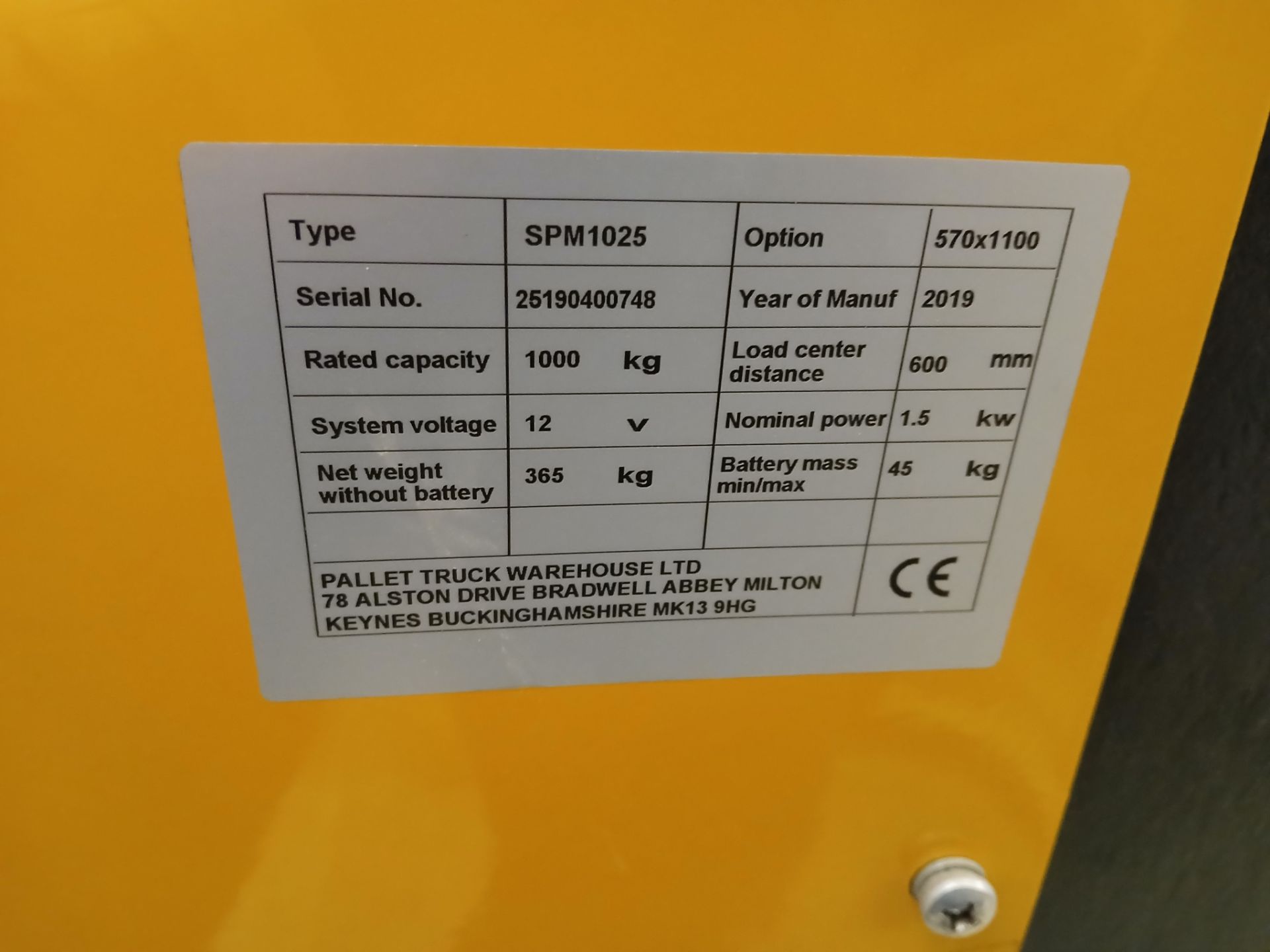 Unbadged SPM1025 Electric Pallet Truck, Year 2019, Serial Number 25190400748, Rated Capacity - Image 4 of 7