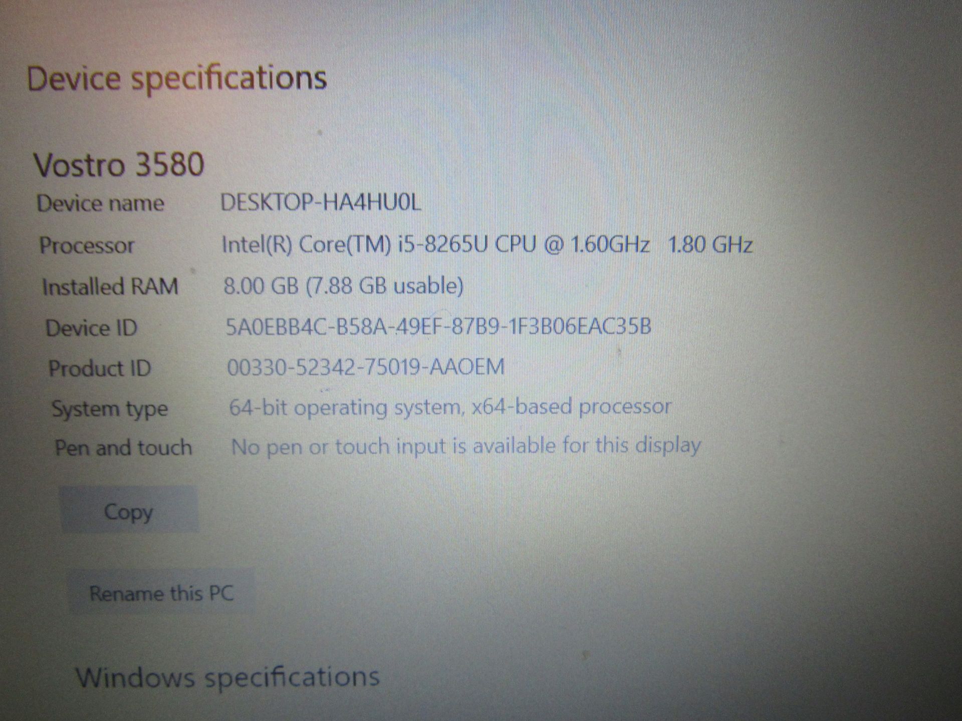 Dell Vostro 3580 Intel i5-8265U, 8th Gen 8GB Ram, 256 NVMe Drive, Windows 10 Pro, with charger ( - Bild 3 aus 8