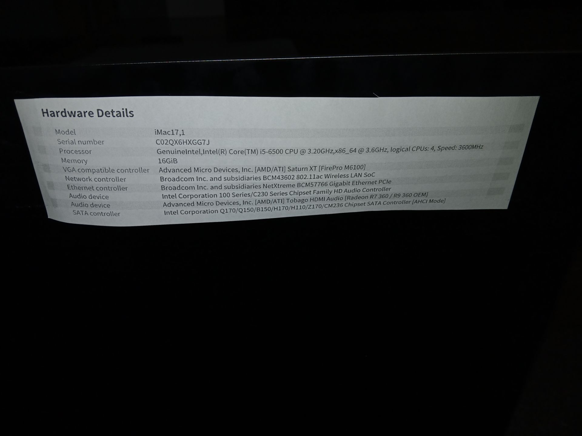 Apple iMac (Retina 5K, 27”, Late 2015) with Power Cable and Keyboard, Serial Number C02QX6HXGG7J ( - Image 3 of 3