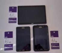 2x Samsung Galaxy Tab 7” tablets (1 screen cracked) and 1x Huawei AGS-L09 9.5” tablet. Collection
