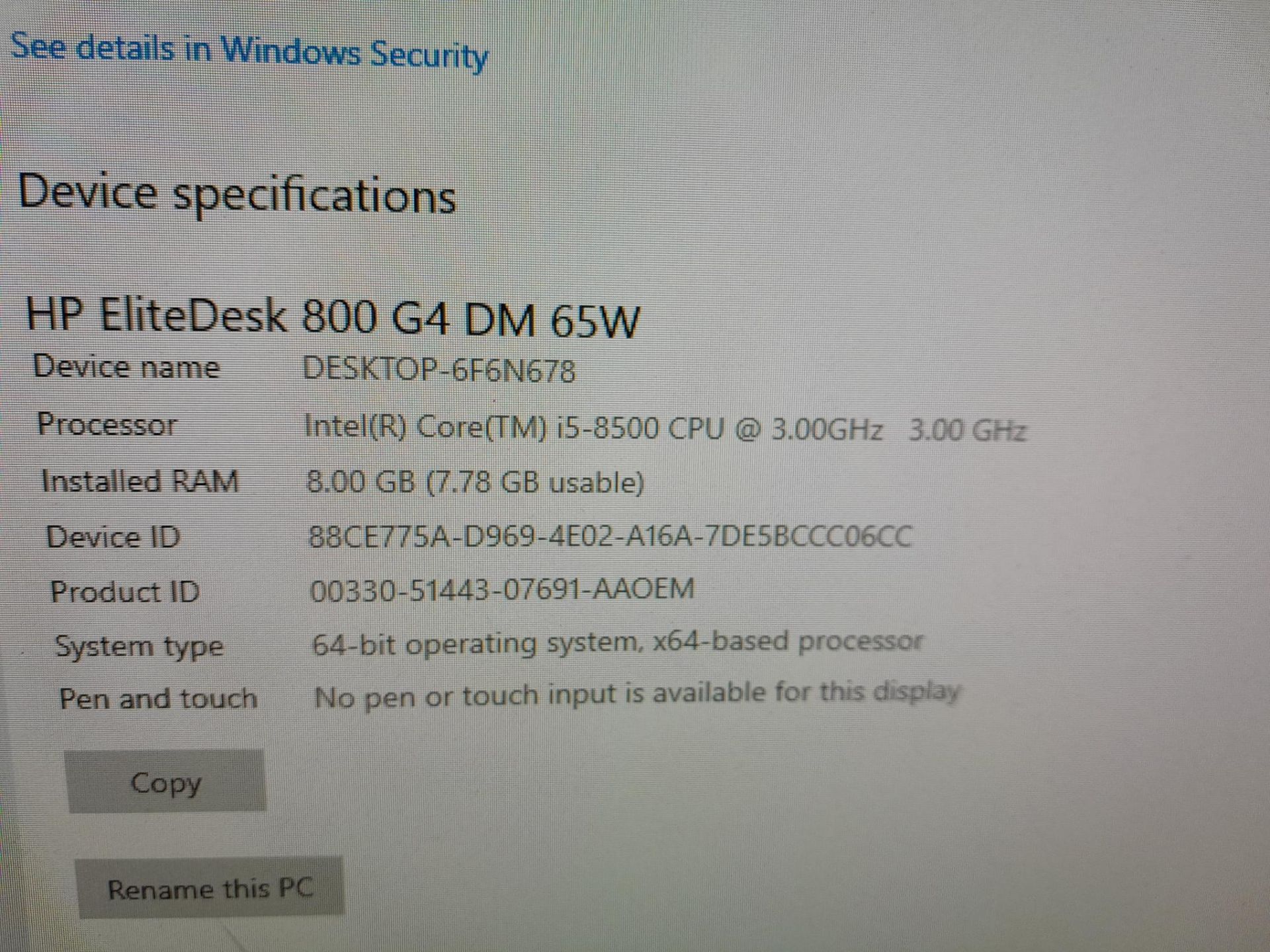 HP EliteDesk 800 G4 65W Mini PC, Intel Core i5-8500, 8GB RAM, 1 TB HDD, with power supply, ( - Image 4 of 5