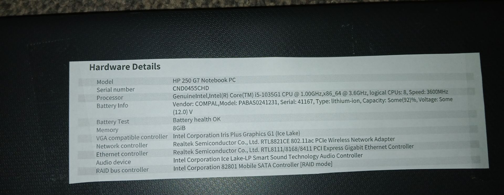 HP 250 G7 Laptop with Charger (Please refer to the pictures for specs), and Dell P2717 Monitor (No - Image 5 of 7