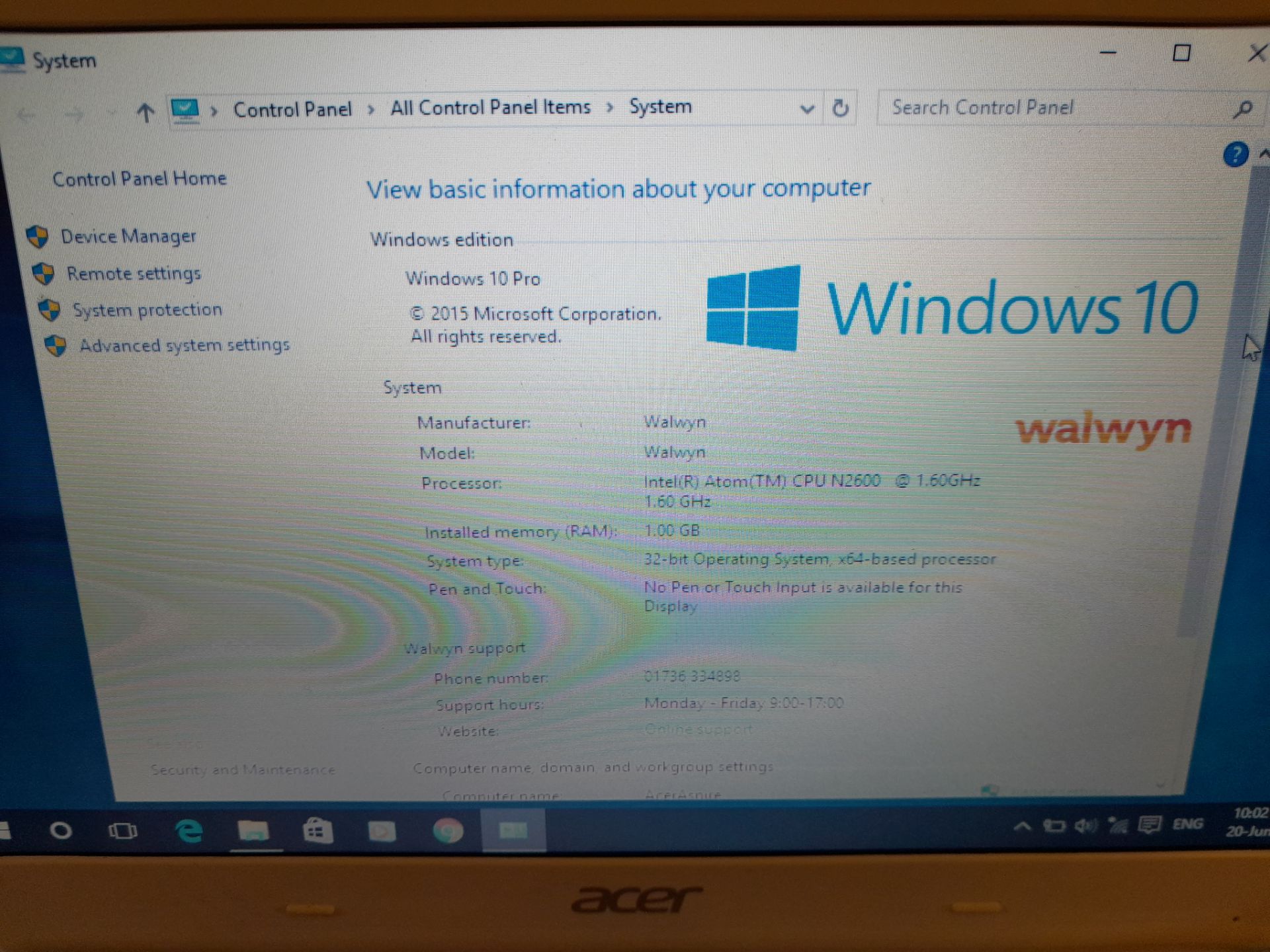 Acer Aspire One D270 Mini Laptop, Intel Atom N260, 1GB Ram, 320GB HDD, Windows 10 Pro, with - Image 2 of 4