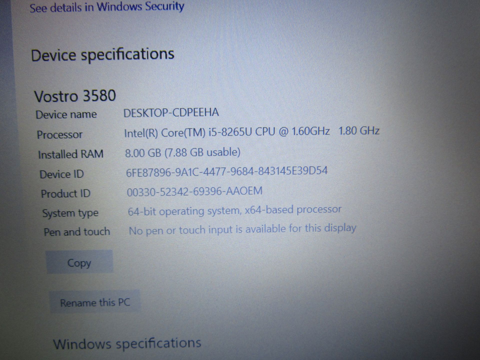 Dell Vostro 3580 Intel i5-8265U, 8th Gen 8GB Ram, 256 NVMe Drive, Windows 10 Pro, No charger ( - Image 3 of 8