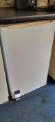 1x White undercounter fridge and 1x white undercounter fridge freezer and white floor standing