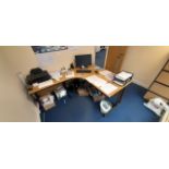 3x wood effect cantilever curved office desks with 3x 3 drawer pedestal and 3x matching desk