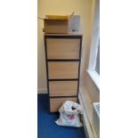 1x 4 drawer and 1x 3 drawer matching wood effect filing cabinets. Contents excluded